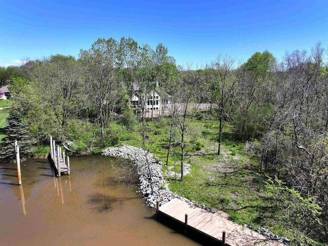 water view featuring a forest view and a dock