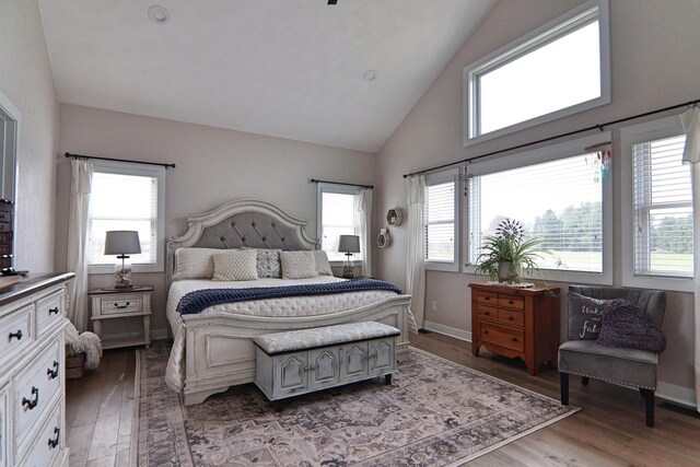 1817 Arboretum Dr, Janesville, WI 53548 - bedroom with baseboards, high vaulted ceiling, and wood finished floors