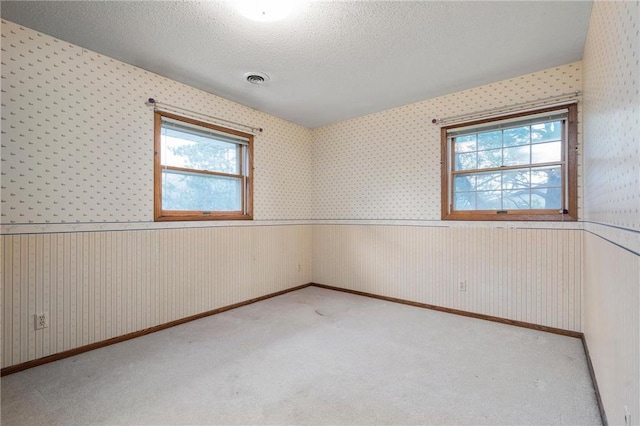 carpeted empty room featuring a textured ceiling, a wealth of natural light, a wainscoted wall, and visible vents