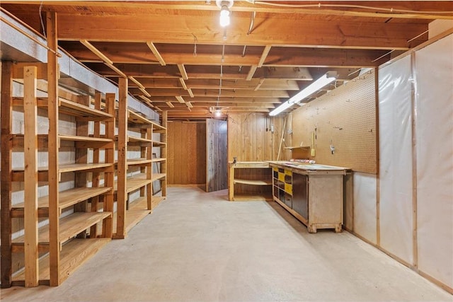 unfinished below grade area featuring a workshop area