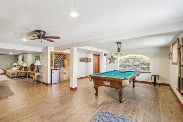N3759 Airport Rd, Cambridge, WI 53523 - recreation room featuring baseboards, a dry bar, light wood-style floors, billiards, and recessed lighting
