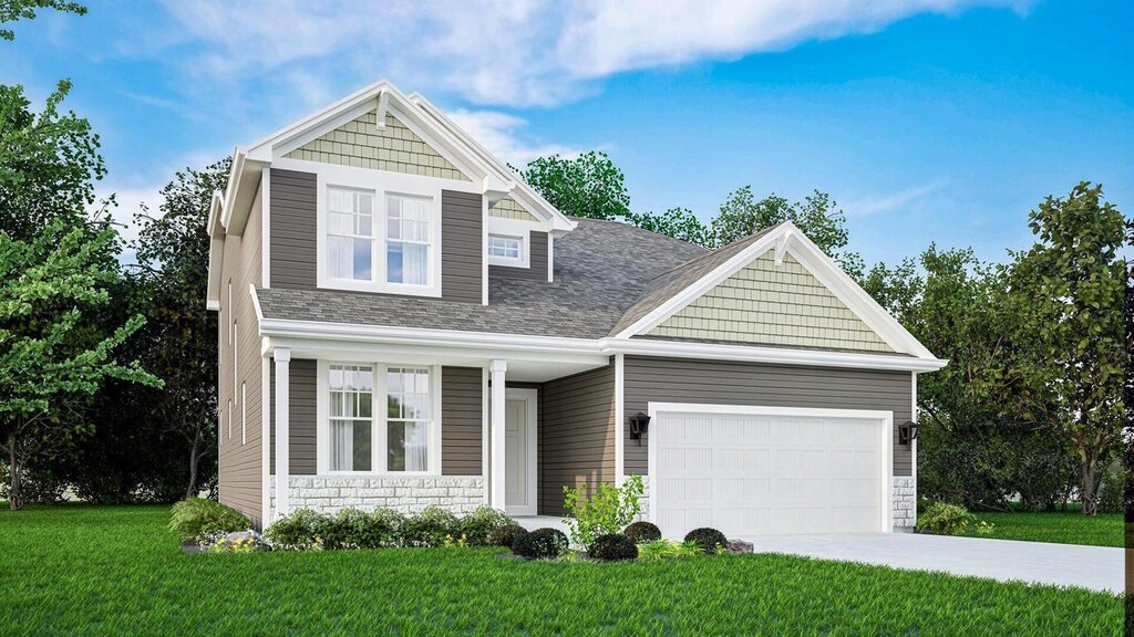 333 Kiddle Ln, Union Grove, WI 53182 - craftsman inspired home featuring a front yard, a shingled roof, stone siding, a garage, and driveway