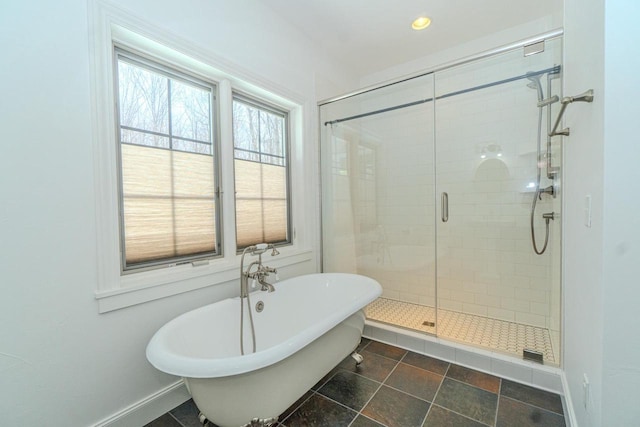 6579 Maple Tree Rd, Crescent, WI 54501 - bathroom with recessed lighting, baseboards, a stall shower, and a soaking tub