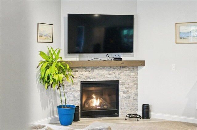 room details featuring baseboards and a stone fireplace