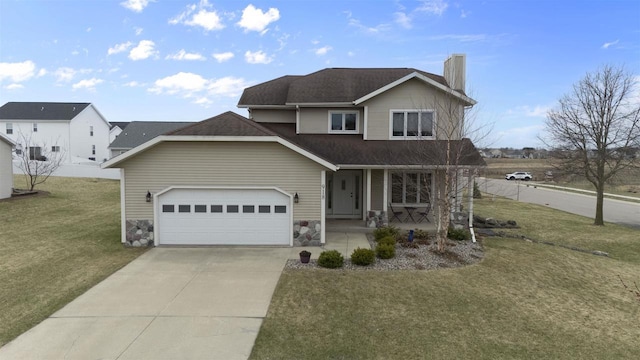 traditional home with a chimney, a front lawn, concrete driveway, covered porch, and an attached garage