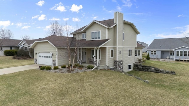 traditional home with a porch, a chimney, concrete driveway, an attached garage, and a front yard