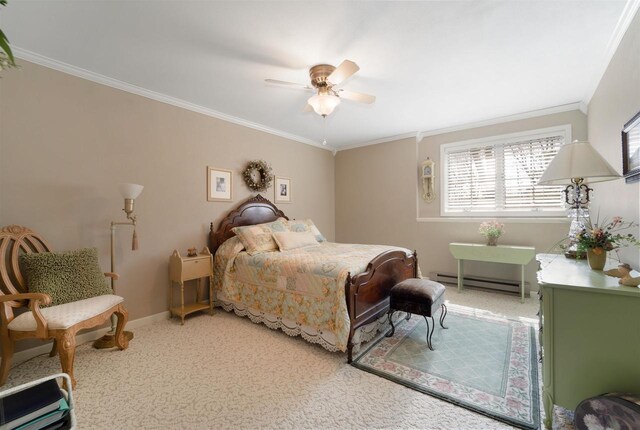 N5120 Summit Ct, Fond Du Lac, WI 54937 - bedroom featuring light carpet, a baseboard heating unit, ornamental molding, and ceiling fan