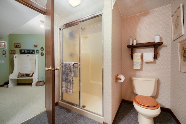 N5120 Summit Ct, Fond Du Lac, WI 54937 - bathroom with a shower stall, wallpapered walls, toilet, and crown molding
