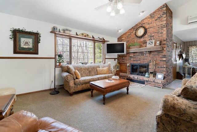 N5120 Summit Ct, Fond Du Lac, WI 54937 - carpeted living room with ceiling fan, a brick fireplace, a wealth of natural light, and vaulted ceiling