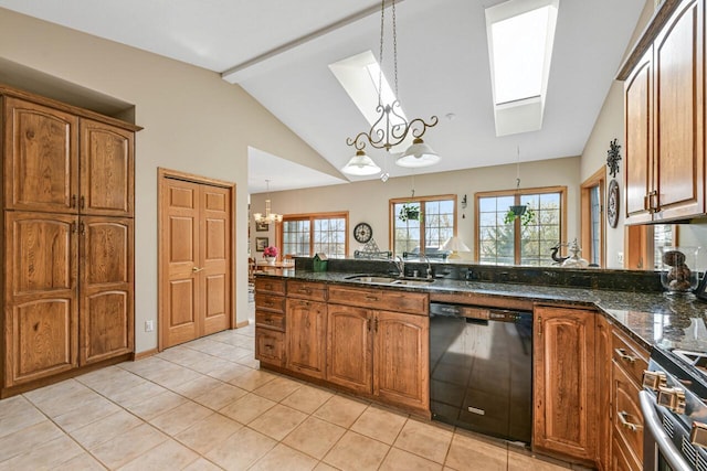 kitchen featuring a sink, vaulted ceiling with skylight, a chandelier, black dishwasher, and a peninsula