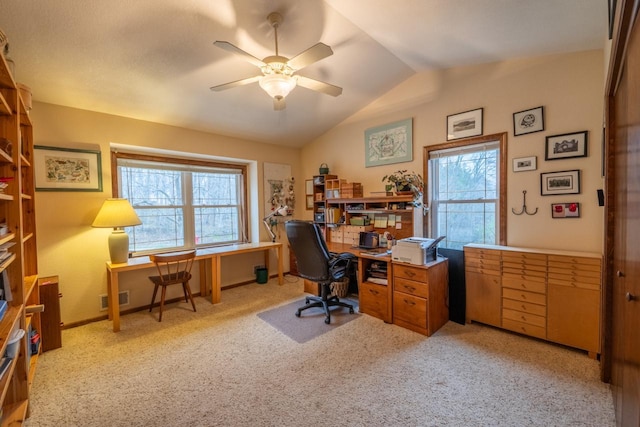 421 Nature Haven Blvd Unit 15, Kewaskum, WI 53040 - carpeted office featuring a ceiling fan, visible vents, lofted ceiling, and plenty of natural light
