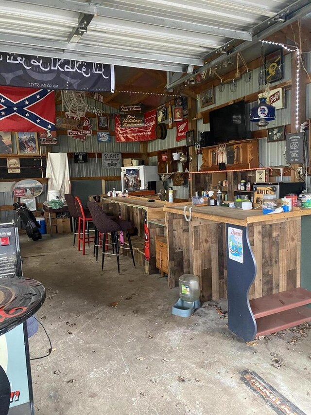 garage with a workshop area
