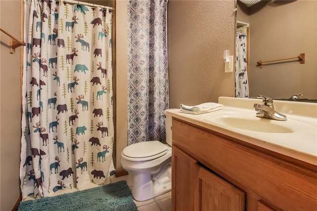 1229 W Beltline Rd, Spring Valley, WI 54767 - bathroom featuring vanity, tile patterned flooring, toilet, curtained shower, and a textured wall