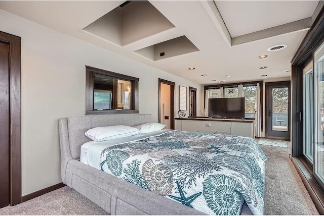 1020 Lake St, Prescott, WI 54021 - carpeted bedroom with visible vents, baseboards, access to outside, and recessed lighting