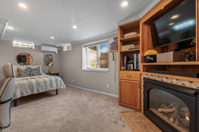 bedroom featuring baseboards, an AC wall unit, ornamental molding, light carpet, and recessed lighting