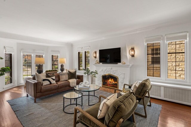 living area with ornamental molding, wood finished floors, a warm lit fireplace, and radiator heating unit