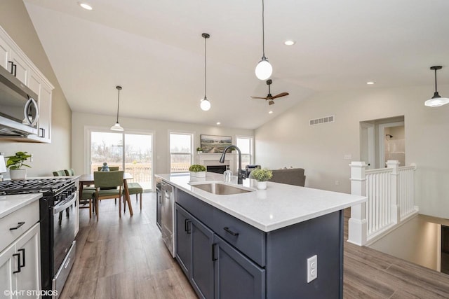 kitchen with visible vents, a sink, appliances with stainless steel finishes, wood finished floors, and lofted ceiling