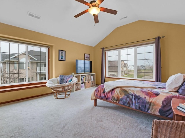 1734 Parkstone Ter Unit 73, Mount Pleasant, WI 53406 - bedroom featuring carpet, visible vents, vaulted ceiling, and ceiling fan