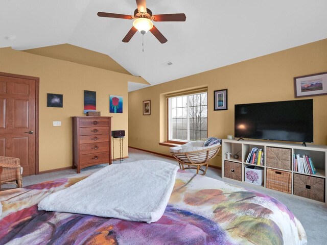 1734 Parkstone Ter Unit 73, Mount Pleasant, WI 53406 - bedroom with ceiling fan, carpet, visible vents, vaulted ceiling, and baseboards
