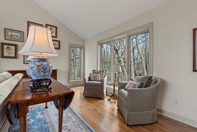 interior space featuring baseboards, lofted ceiling, and light wood finished floors