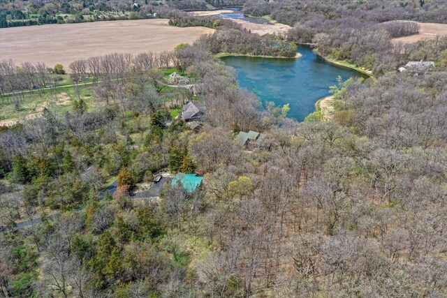 drone / aerial view with a water view, a rural view, and a forest view