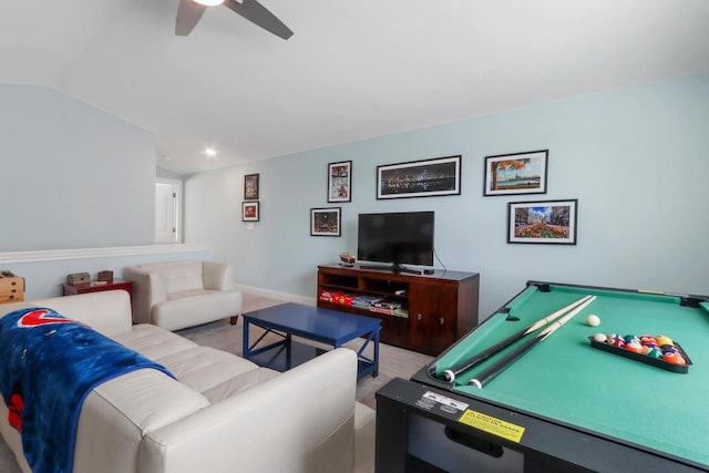 living area featuring baseboards, a ceiling fan, lofted ceiling, and recessed lighting