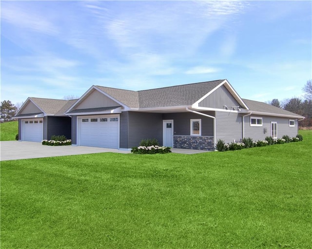 2480 116th St, Chippewa Falls, WI 54729 - ranch-style house with a front yard, stone siding, a garage, concrete driveway, and roof with shingles
