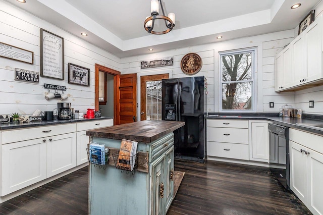 158 E Water St, Shullsburg, WI 53586 - kitchen with recessed lighting, white cabinetry, wooden counters, dark wood-type flooring, and black appliances