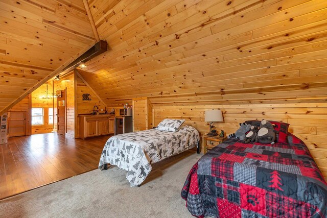 158 E Water St, Shullsburg, WI 53586 - bedroom featuring wood finished floors, wooden walls, wooden ceiling, and lofted ceiling