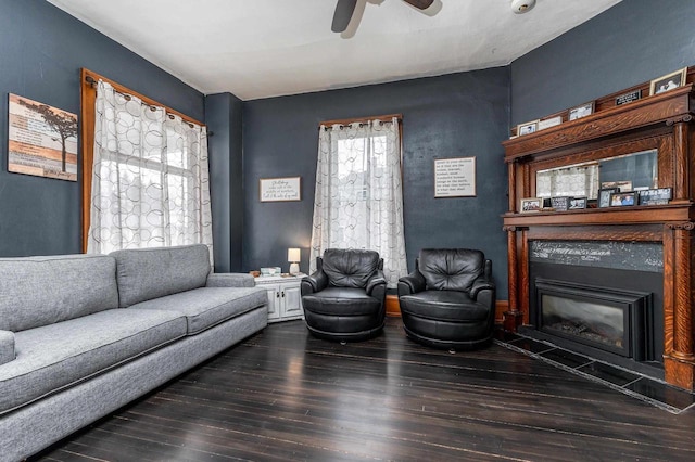 158 E Water St, Shullsburg, WI 53586 - living room with a ceiling fan, a glass covered fireplace, and hardwood / wood-style flooring