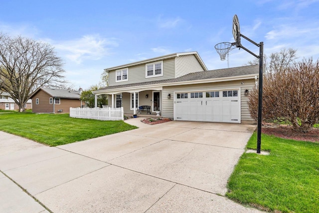 traditional home with covered porch, driveway, a front lawn, and a garage