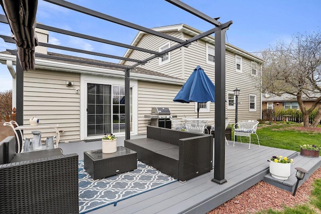 deck with outdoor lounge area, a pergola, and a grill