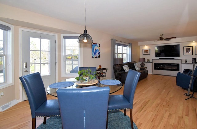 dining area with a ceiling fan, visible vents, baseboards, a glass covered fireplace, and light wood-style flooring