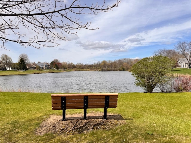 view of home's community with a lawn and a water view