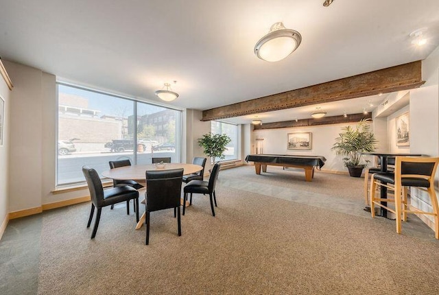 dining space with baseboards, billiards, beam ceiling, and carpet floors