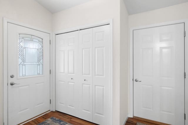 entryway with dark wood-style flooring