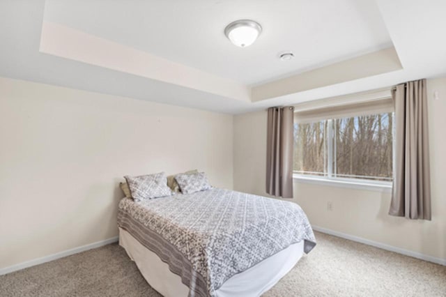 bedroom with carpet flooring, baseboards, and a raised ceiling