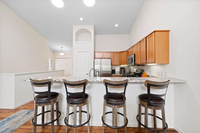 kitchen featuring a peninsula, a kitchen bar, appliances with stainless steel finishes, a sink, and wood finished floors