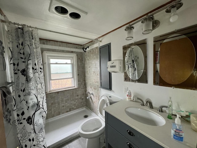 bathroom with toilet, vanity, and a stall shower