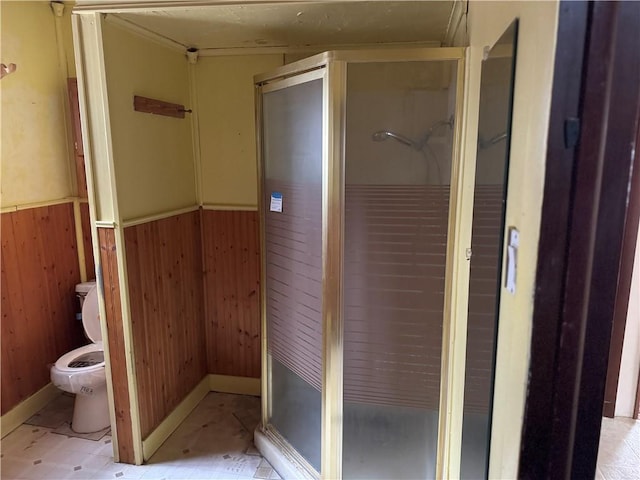 W5588 US Highway 8, Tony, WI 54563 - bathroom with toilet, a stall shower, wooden walls, and a wainscoted wall