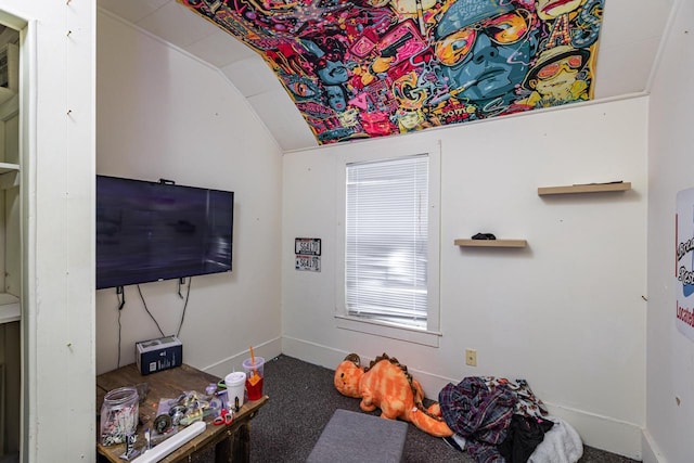game room featuring carpet floors, baseboards, and lofted ceiling