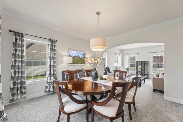 W246N1979 Still River Dr, Pewaukee, WI 53072 - carpeted dining space with arched walkways, crown molding, and baseboards