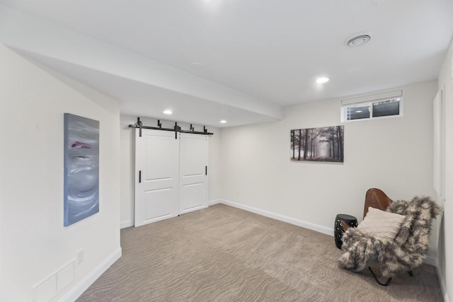 W246N1979 Still River Dr, Pewaukee, WI 53072 - unfurnished room with carpet, visible vents, recessed lighting, a barn door, and baseboards