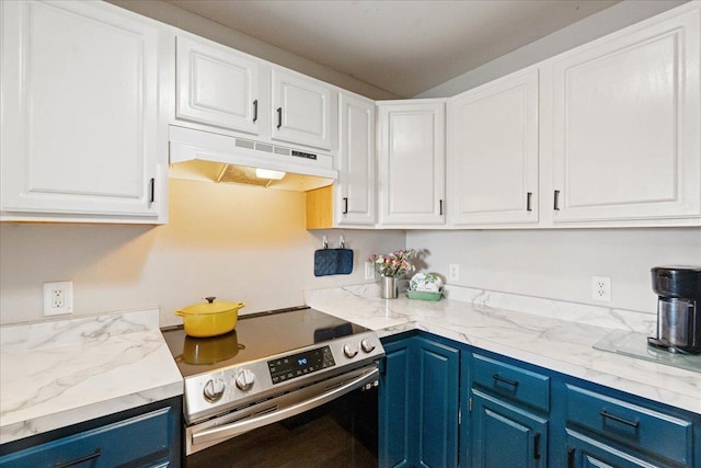 kitchen featuring blue cabinets, stainless steel electric range, under cabinet range hood, and white cabinetry