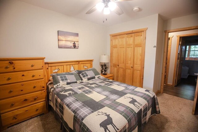 6009 W Dobbert Rd, Winter, WI 54896 - bedroom with a closet, ceiling fan, and carpet flooring