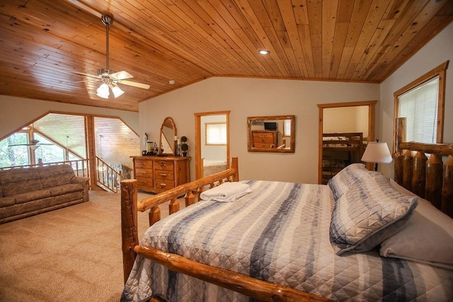 6009 W Dobbert Rd, Winter, WI 54896 - bedroom with carpet, vaulted ceiling, wooden ceiling, and connected bathroom