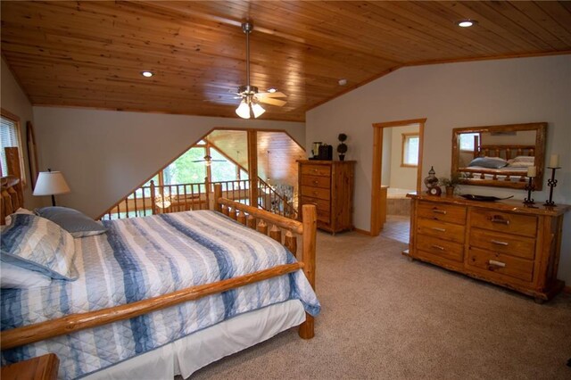 6009 W Dobbert Rd, Winter, WI 54896 - bedroom featuring light colored carpet, vaulted ceiling, recessed lighting, wooden ceiling, and baseboards