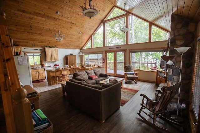 6009 W Dobbert Rd, Winter, WI 54896 - living area with high vaulted ceiling, wooden ceiling, and a healthy amount of sunlight