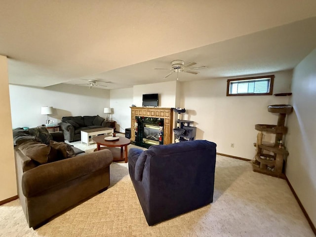 1411 Jennifer Ave, Tomah, WI 54660 - living area featuring ceiling fan, light carpet, baseboards, and a fireplace