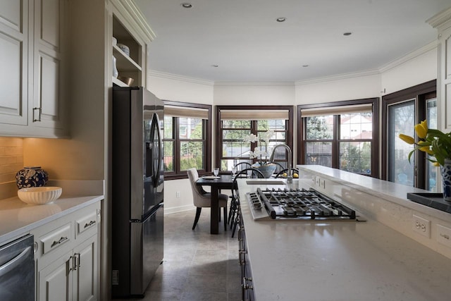 kitchen with a sink, plenty of natural light, stainless steel appliances, and crown molding